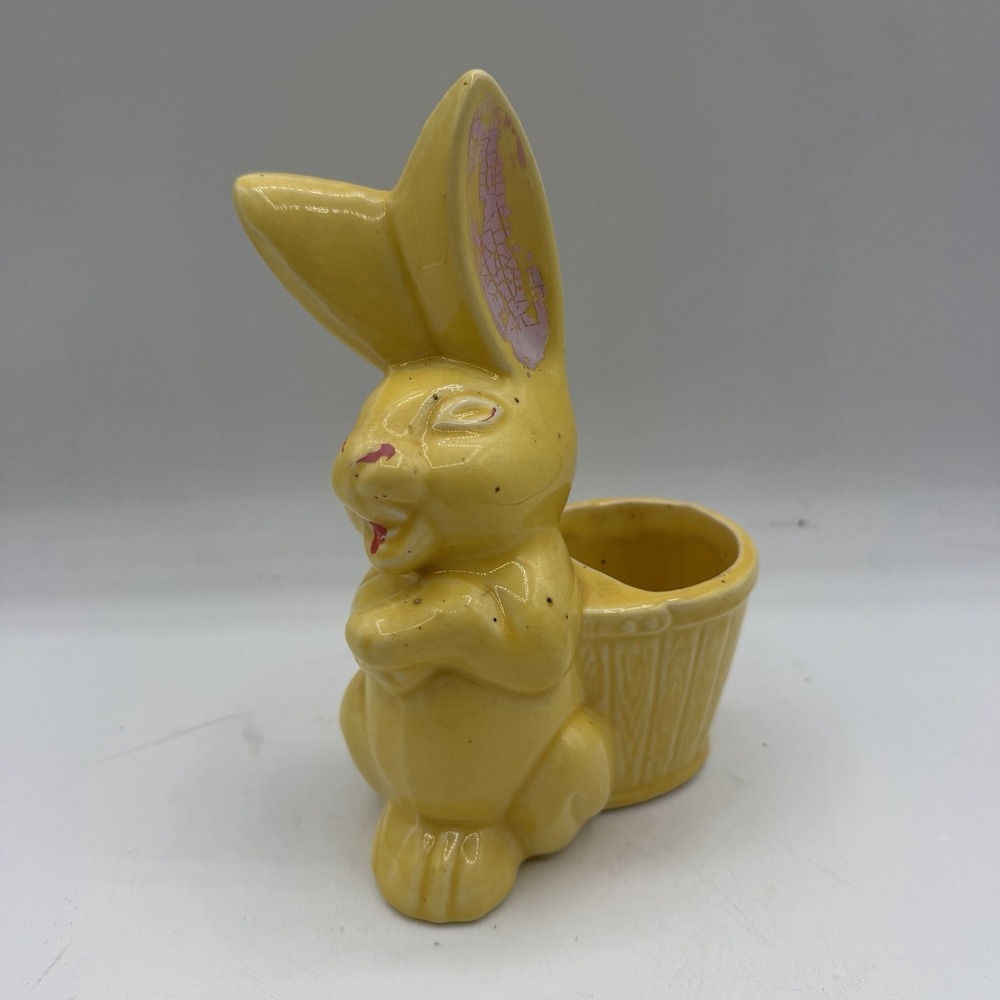 Vintage Bunny Rabbit w/ Easter Basket Planter Figurine Yellow Ceramic 6.75" Tall